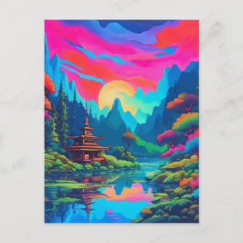 Cartão Postal Arte de Paisagem Japonesa Psicodélica