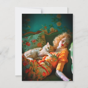 Cartão Postal Arte de Parede de Mulher e Gato Vintage – Floral R