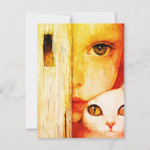 Cartão Postal Arte de Parede Garota Surrealista e Gato – Fantasi