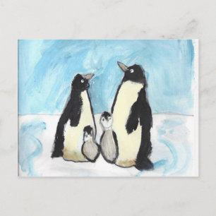 Cartão Postal Arte de pinguins de aquarela