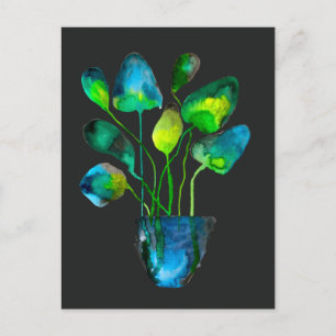 Cartão Postal Arte de planta em aquarela abstrata verde e azul