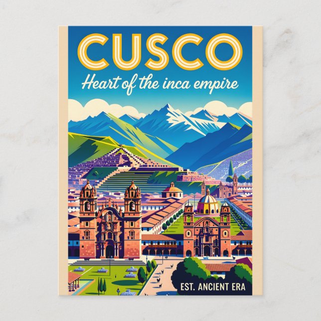 Cartão Postal Arte de Poster de Viagem Retro da Cidade de Cusco  (Frente)