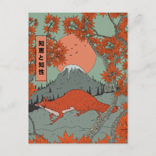 Cartão Postal Arte de raposa japonesa vintage sabedoria e inteli