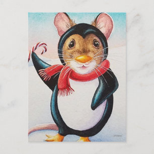 Cartão Postal Arte de rato em aquarela de pinguim do Polo Norte 