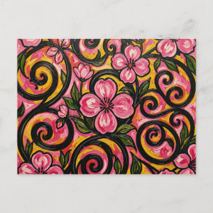 Cartão Postal Arte de redemoinho floral rosa vibrante