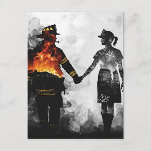 Cartão Postal Arte de Silhueta de Casal de Bombeiro e Enfermeira