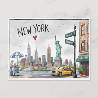 Cartão Postal Arte de táxi da silhueta da cidade de Nova York NY