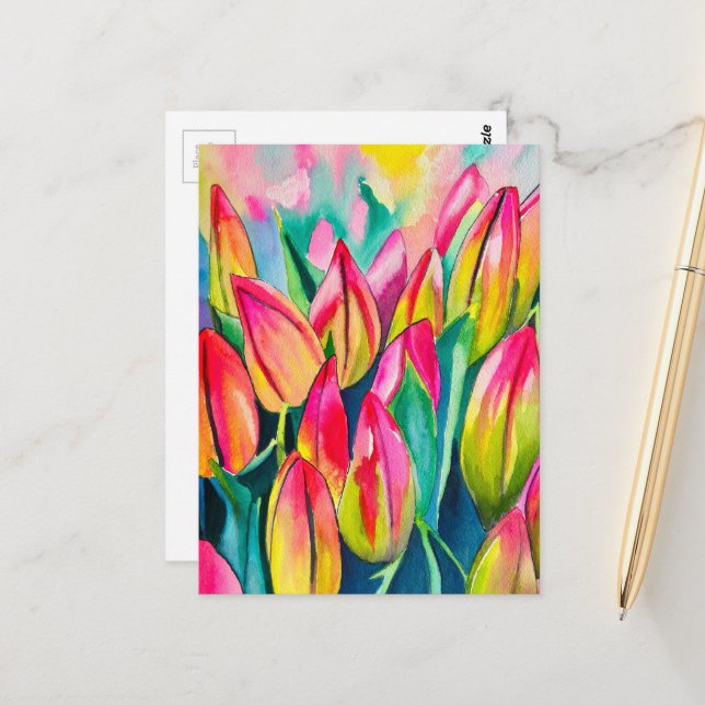 Cartão Postal Arte de tulipas de aquarela rosa (Frente/Verso In Situ)
