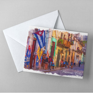 Cartão Postal Arte de Viagem Cena de Rua Aquarela Havana Cuba