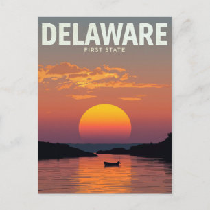 Cartão Postal Arte de Viagem Minimalista de Barco no Pôr do Sol 