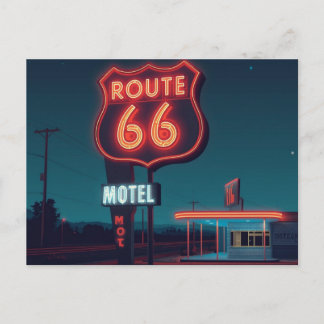 Cartão Postal Arte de Viagem Noturno do Motel Neon da Rota 66