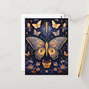 Cartão Postal Arte Deco Moderna Borboleta Roxa Azul Dourado