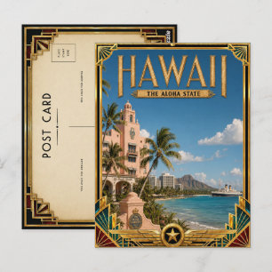 Cartão Postal Arte Deco Vintage Idade Dourada do Havaí
