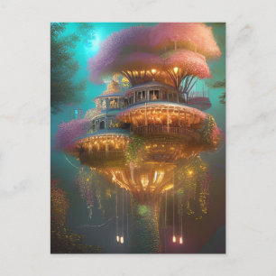 Cartão Postal Arte digital de casa de árvore rosa sonhadora