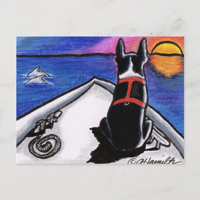 Cartão Postal Arte™ do Boston Terrier no barco náutico ao pôr do (Frente)