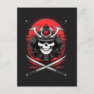 Cartão Postal Arte do Guerreiro Samurai Crânio Sol Nascente