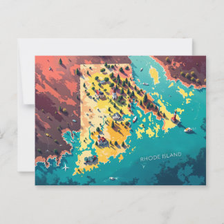Cartão Postal Arte do Mapa Costeiro de Rhode Island Vibrante