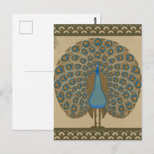Cartão Postal Arte do Pavão Azul do Ouro Antigo de Walter Crane