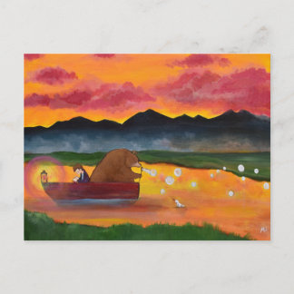 Cartão Postal Arte do pôr do sol do Urso e Menino Caprichoso