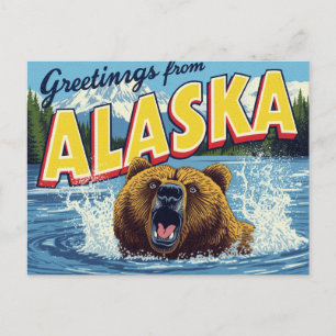 Cartão Postal Arte do Urso Pardo Rugidor do Alasca