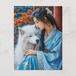 Cartão Postal Arte do Zodíaco Chinês Menina com Cachorro