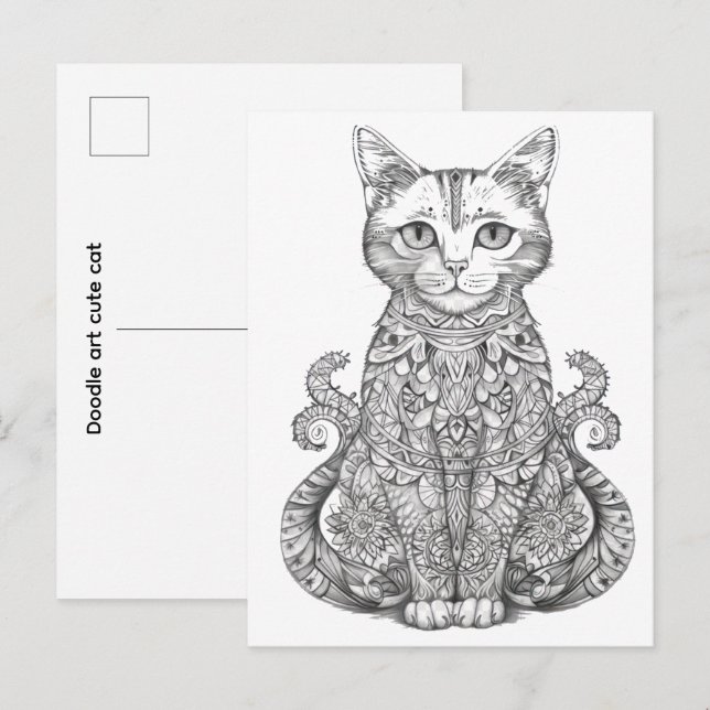 Cartão Postal Arte doodle gato fofo (Frente/Verso)