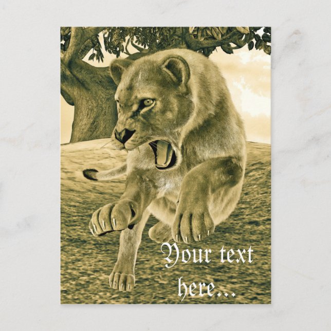 Cartão Postal Arte Dramática de Leoa em Safari de Vida Selvagem (Frente)