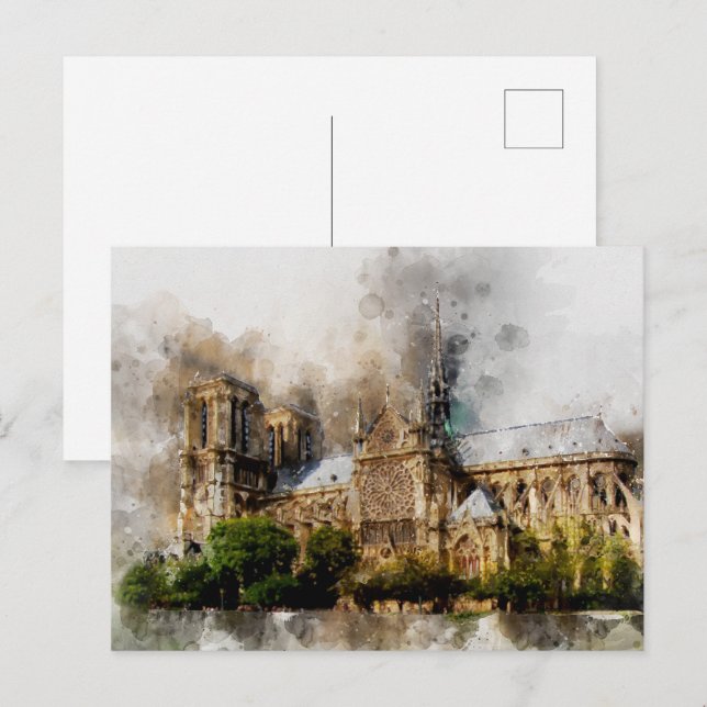 Cartão Postal Arte Elegante de Aquarela da Catedral de Notre Dam (Frente/Verso)