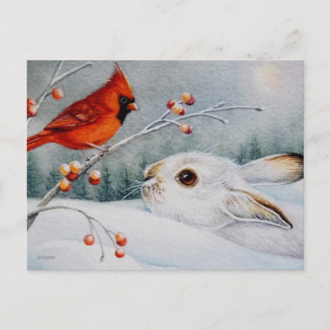 Cartão Postal Arte em Aquarela: Coelho da Neve e Pássaro Cardina (Frente)