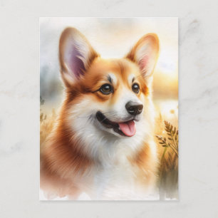 Cartão Postal Arte em Aquarela Corgi ao Ar Livre