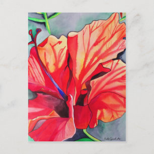 Cartão Postal Arte em aquarela de flor tropical Hibisco Vermelho