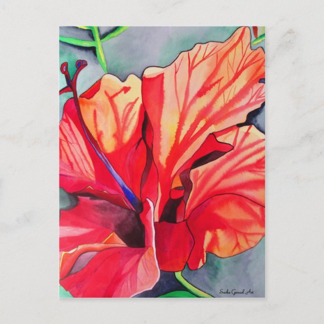 Cartão Postal Arte em aquarela de flor tropical Hibisco Vermelho (Frente)