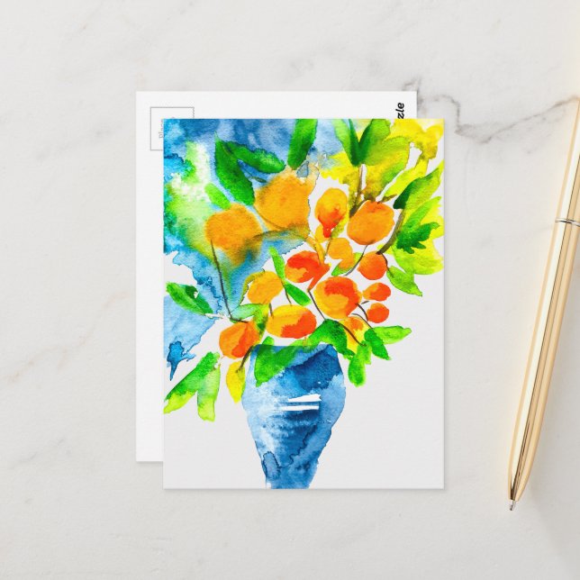 Cartão Postal Arte em aquarela de fruta kumquat laranja (Frente/Verso In Situ)