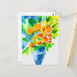 Cartão Postal Arte em aquarela de fruta kumquat laranja