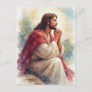 Cartão Postal Arte em Aquarela de Jesus em Oração   Fé Cristã