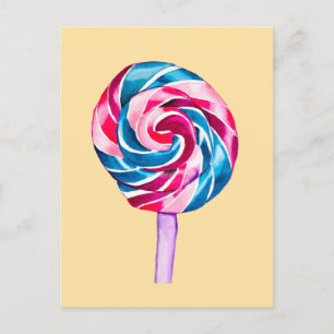 Cartão Postal Arte em aquarela de pirulito colorido de doce