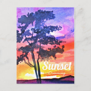 Cartão Postal Arte em aquarela paisagem Sonho ao Pôr do Sol