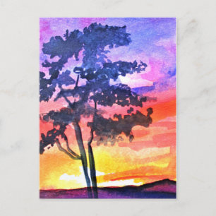 Cartão Postal Arte em aquarela paisagem Sonho ao Pôr do Sol