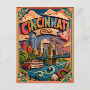 Cartão Postal Arte em Papel de Cincinnati Ohio PopCut Estados