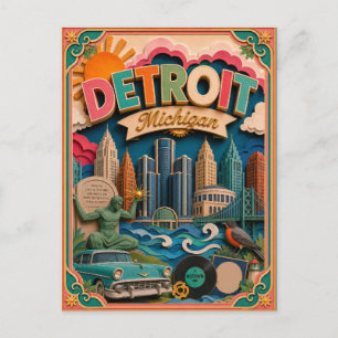 Cartão Postal Arte em Papel de Detroit Michigan PopCut Estados
