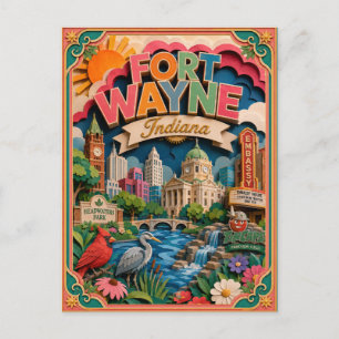 Cartão Postal Arte em Papel de Fort Wayne Indiana PopCut Estados