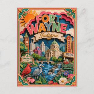 Cartão Postal Arte em Papel de Fort Wayne Indiana PopCut Estados