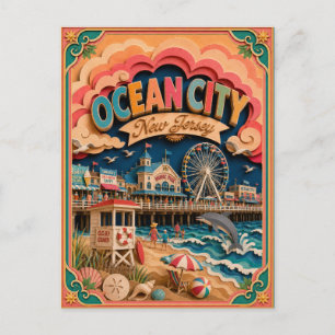 Cartão Postal Arte em Papel de Ocean City Nova Jersey PopCut Est