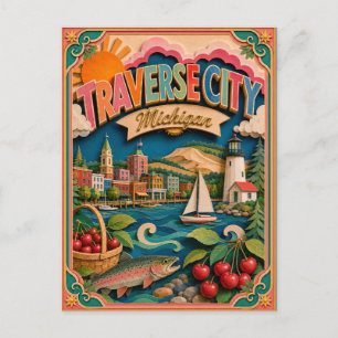 Cartão Postal Arte em Papel de Traverse City Michigan PopCut Est
