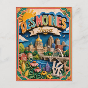 Cartão Postal Arte em Papel Des Moines Iowa PopCut Estados