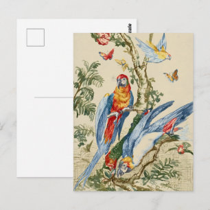 Cartão Postal Arte Fina de Papagaio Tropical e Borboleta Antiga