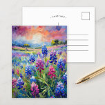 Cartão Postal Arte Floral Abstrato<br><div class="desc">Uma pintura moderna impressionista de bluebonnets, a icônica flor da selva do Texas, renderizada em matizes azuis e roxos impressionantes com pinceladas de abstrato. Os traçados expressivos e cores vibrantes capturam a beleza natural e a graça dessas flores, criando uma interpretação viva e texturizada da paisagem do Texas. Essa peça...</div>