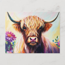 Cartão Postal Arte Floral Colorida de Vaca Highland