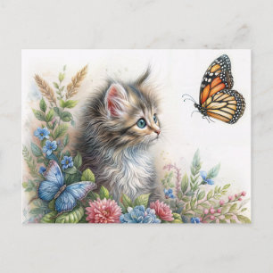 Cartão Postal Arte Floral de Gatinho Olhando Borboleta