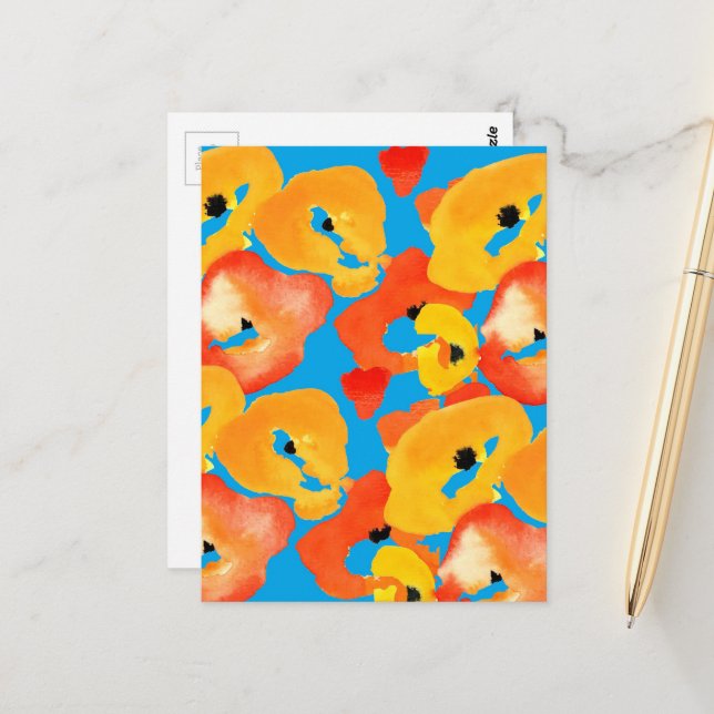 Cartão Postal Arte floral de papoulas vermelhas e laranjas (Frente/Verso In Situ)